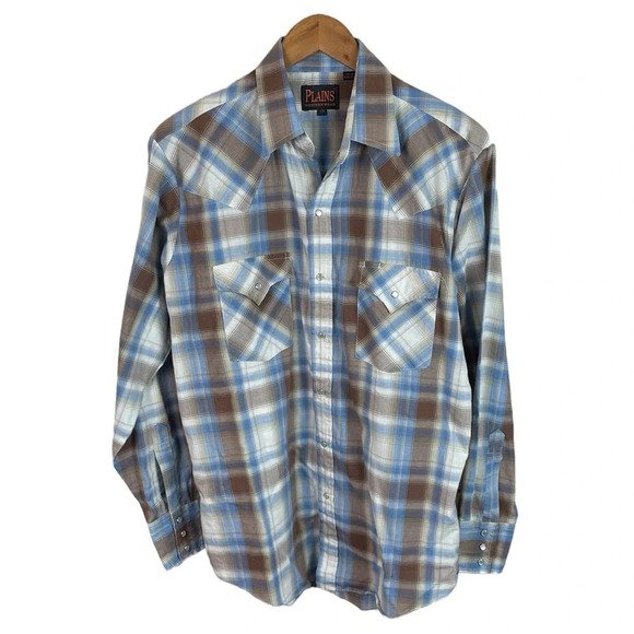 BF1484 Men’s Plains Western wear Pearl Snap Cowboy Button Down Shirt M - Picture 1 of 5